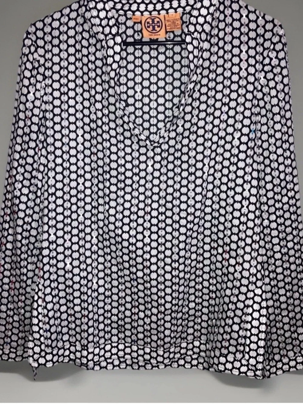 Tory Burch Sequined Black White Cotton Polkadot Boho Tunic Shirt Blouse Top Sz 6